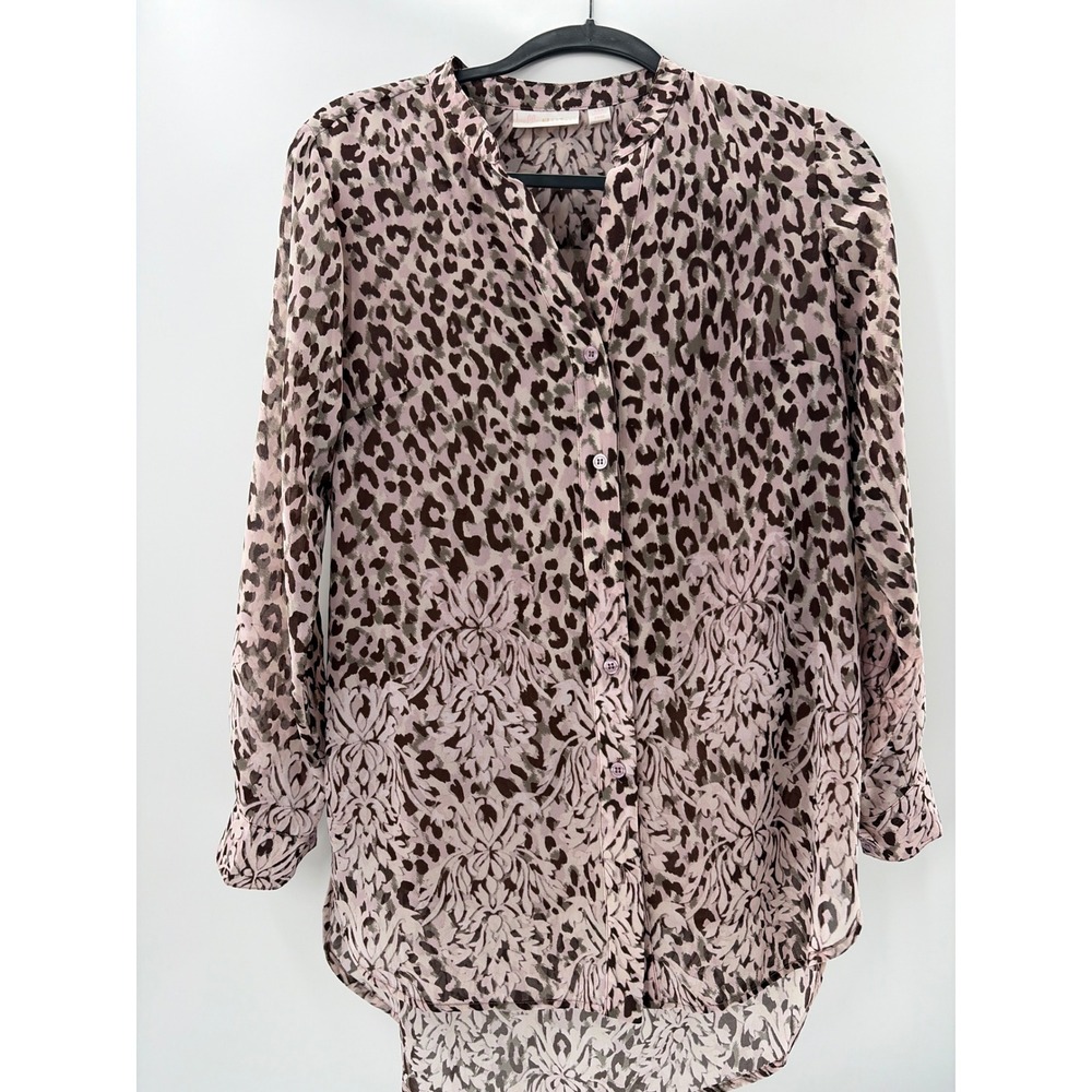 Belle by Kim Gravel Leopard Damask Print‎ Blouse Mauve XXS Button Front High Low